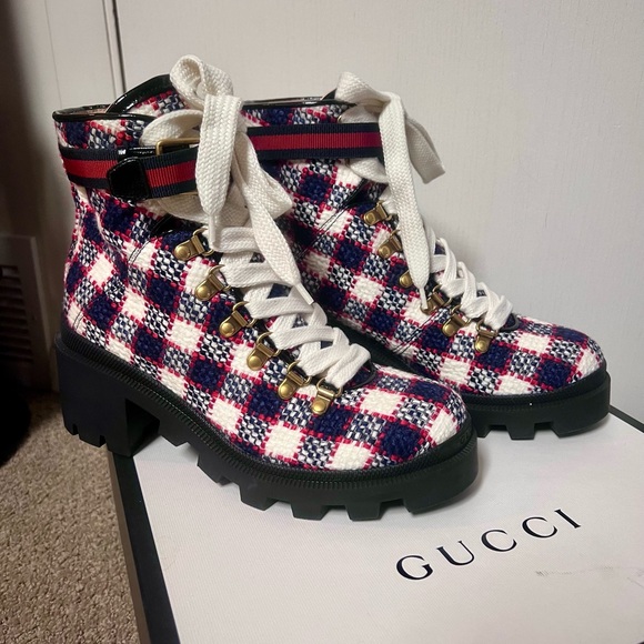 Authentic Gucci Tweed Check Combat Boots - Sz 38 / 8 - Perfect Condition - Picture 1 of 6